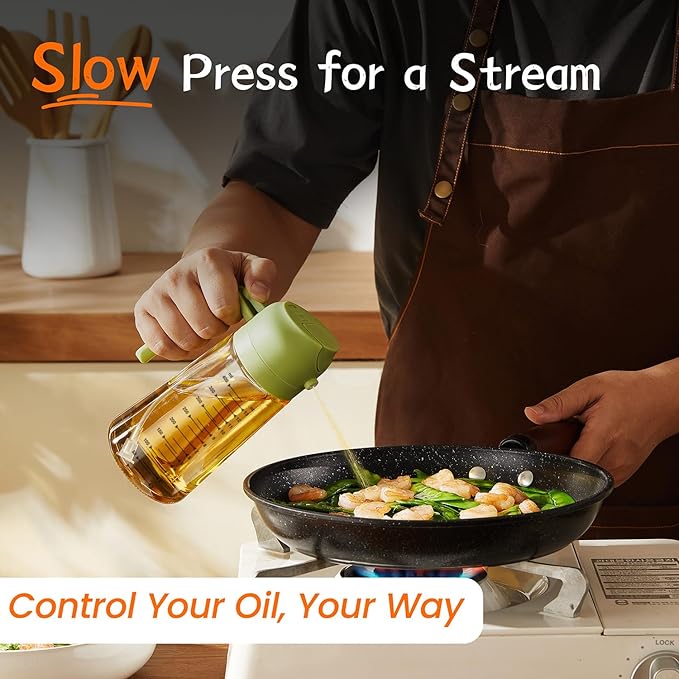 TrendPlain 16oz/470ml Glass Olive Oil Sprayer for Cooking – 2 in 1 Olive Oil Dispenser Bottle for Kitchen Gadgets and Air Fryer Accessories, Salad, BBQ - White & Green