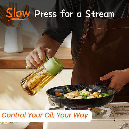 TrendPlain 16oz/470ml Glass Olive Oil Sprayer for Cooking – 2 in 1 Olive Oil Dispenser Bottle for Kitchen Gadgets and Air Fryer Accessories, Salad, BBQ - White & Green