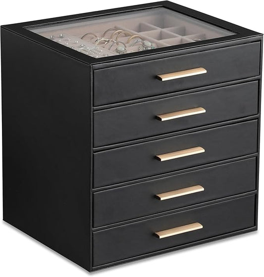 Frebeauty Clear Lid Jewelry Box,5-Layer Jewelry Organizer with Drawer,PU Leather Jewelry Organizers and Storage,Jewelry Boxes for Women,Jewelry Storage for Rings Earring Stud,Gift for Women(Black)