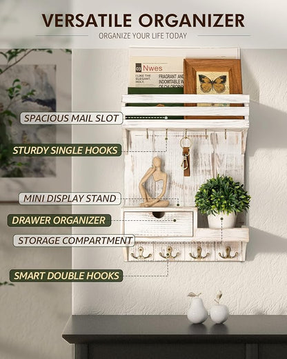 Rebee Vision Farmhouse Key Holder Wall Mount with Mini Drawer Organizer - Decorative Mail Organizer with 9 Key Hooks & Shelf - Ideal Apartment Essentials for Home Decor (Whitewash)