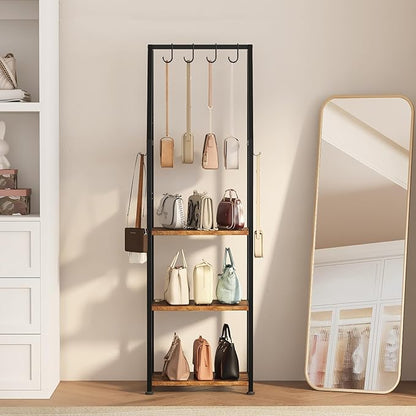 3-Tier Purse Rack Stand with 8 Hooks - Tall Narrow Purse Organizer for Entryway/Closet Organization, Bag Organizer for Various Bags (Rustic Brown)