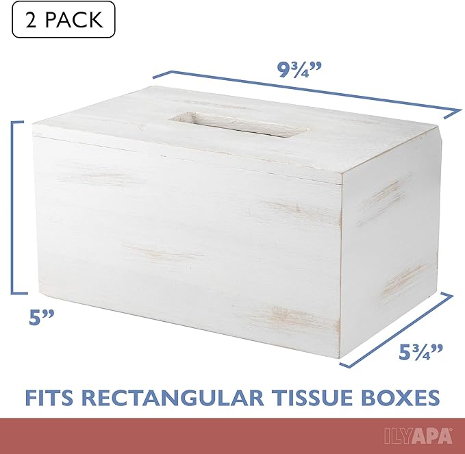 Ilyapa Wood Tissue Box Cover, 2 Pack Rectangular - Rustic Farmhouse White Wooden Tissue Holders