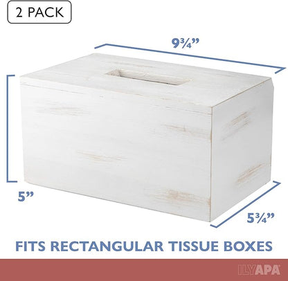 Ilyapa Wood Tissue Box Cover, 2 Pack Rectangular - Rustic Farmhouse White Wooden Tissue Holders