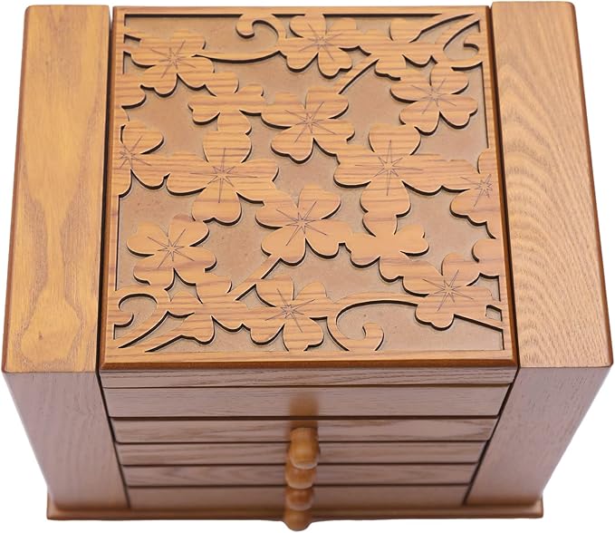 Wooden Jewelry Box for Women, 5-Layer Wooden Jewelry Organizer Boxes with 4 Drawers, Vintage Solild Wood Storage CaseJewelries, Watches, Necklace, Ring (Light Brown)