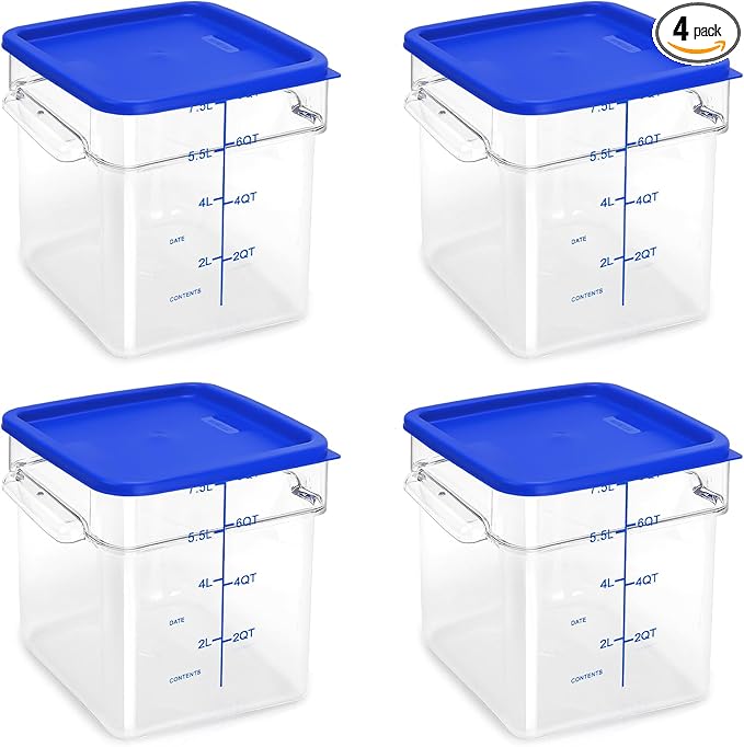 4 Pack Food Storage Containers with Blue Lids, 8.0 Qt - Square, Clear, Polycarbonate, for Restaurant Commercial Kitchen and Home party