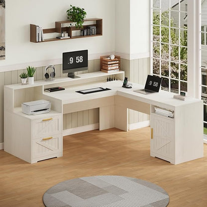 63" Farmhouse L Shaped Executive Desk with Drawers & Storage Shelf, Corner Computer Desk with Power Outlets, L Shaped Office Desk with Monitor Stand, Printer Shelf, White