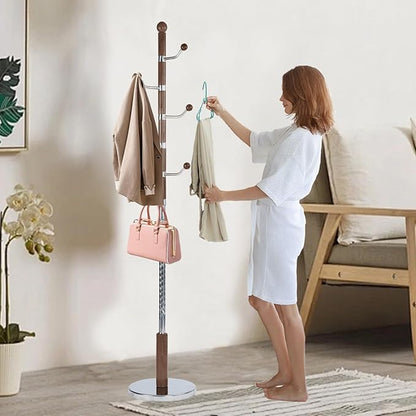 Solid Wooden Coat Rack Stand, Coat Racks Freestanding with 6 Hooks, Natural Birch Wood Coat stands with Sturdy Round Base, Tree Coat Hanger Standing for Entryway Bedroom Office (Walnut)