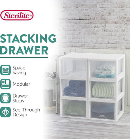 Sterilite 16-Pack 27 Quart Stacking Drawer, Clear Storage Closet Organizer, White Frame - Stackable Modular Plastic Drawers for Clothes, Accessories, Craft Supplies, Shoes or Linens