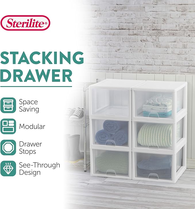 Sterilite 27 Qt./26 L Stacking Drawer, White, 4 Pack