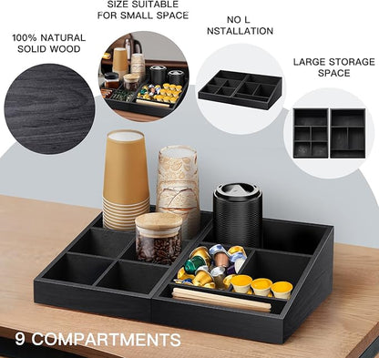MINCORD Coffee Station Organizer Coffee Condiment Service Tray with 9 Compartment for Counter, Wood Coffee Bar Supplies Organizer for Home Office Breakroom Two-in-One Black