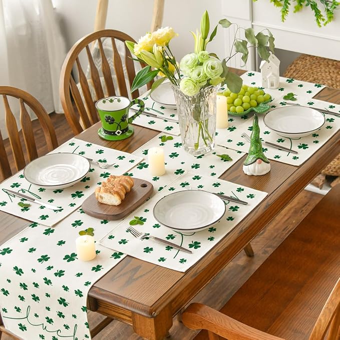 Artoid Mode Beige Lucky Shamrock St. Patrick's Day Placemats Set of 4, 12x18 Inch Seasonal Holiday Table Mats for Party Kitchen Dining Decoration