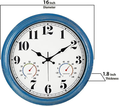 JENLYSTIME 16 Inch Blue Vintage Waterproof Indoor/Outdoor Wall Clock with Thermometer & Hygrometer, Large Numerals & Silent Sweep Movement - Ideal for Porch, Garden, Pool, Bathroom