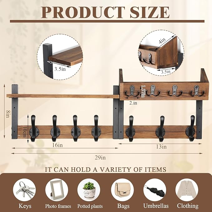 ZOCONE 29" Wood Coat Rack Wall Mount with Shelf, Separable Coat and Key Holder Wall Mount, Entryway Coat Rack with Carbon Steel Fixing Rod for Greater Load-Bearing and Stability, Living Room,Bedroom