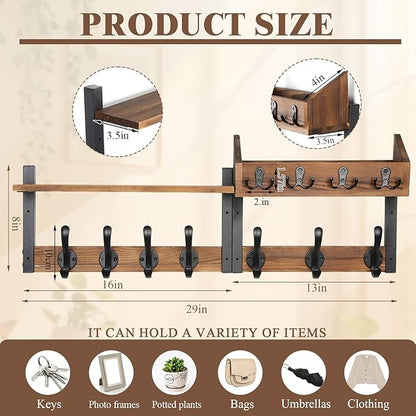 ZOCONE 29" Wood Coat Rack Wall Mount with Shelf, Separable Coat and Key Holder Wall Mount, Entryway Coat Rack with Carbon Steel Fixing Rod for Greater Load-Bearing and Stability, Living Room,Bedroom