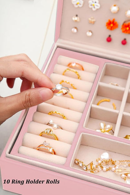 QBestry Girls Jewelry Box Earring Holder Organizer for Girls Earring Organizer Teen Jewelry Box Organizer for Girl Pink jewelry Boxes for Earrings Necklaces Rings Stud Earrings Box Organizers Teens