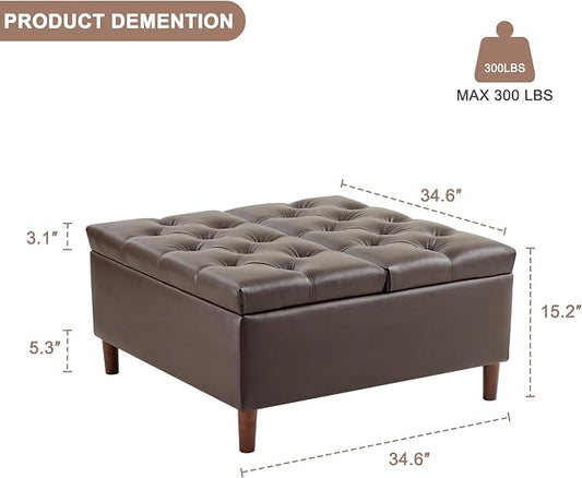 Weture 35 Inch Extra Large Storage Ottoman Coffee Table, No Assembly Required, Oversized Square Ottoman with Storage, Tufted Upholstered Ottomans Coffee Table for Living Room (Leather, Brown)