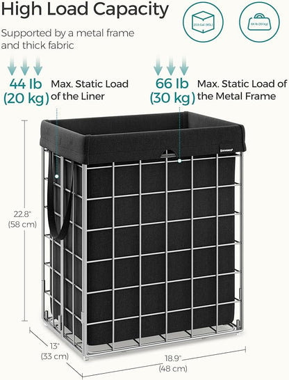 SONGMICS Laundry Hamper, 23.8 Gal. (90L) Laundry Basket, Collapsible Clothes Hamper, Removable and Washable Liner, Metal Wire Frame, for Bedroom Bathroom, Silver and Classic Black ULCB190B01