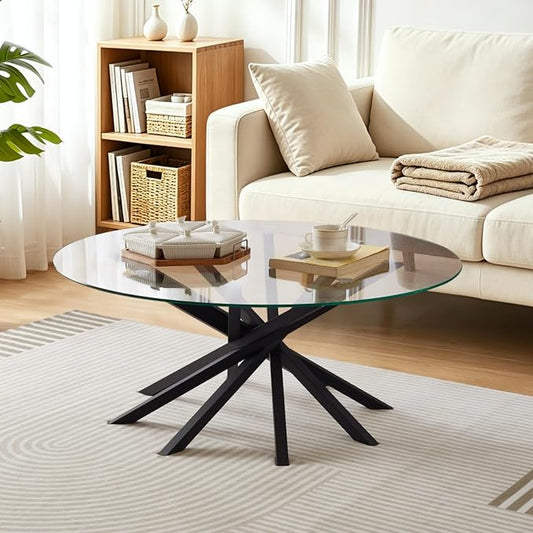 Round Glass Coffee Table-Mid Century Modern Solid Wood Coffee Table | Unique Glass Top&Solid Wood Mortise Interlocking Starburst Legs Design for Living Room,Office,Hotel Lobby