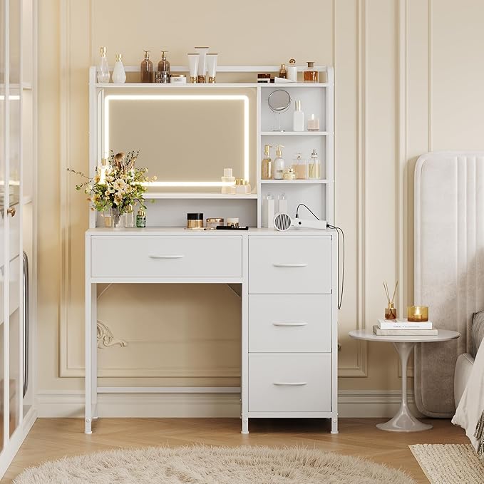 35.4" Vanity Desk with Square Mirror for Bedroom, Makeup Table with 4 Fabric Drawers & Storage Shelves, Modern Dressing Desk for Women Girls