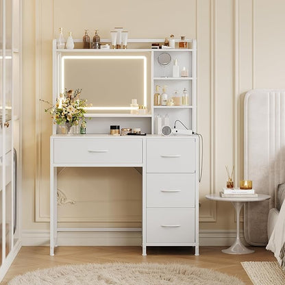 35.4" Vanity Desk with Square Mirror for Bedroom, Makeup Table with 4 Fabric Drawers & Storage Shelves, Modern Dressing Desk for Women Girls