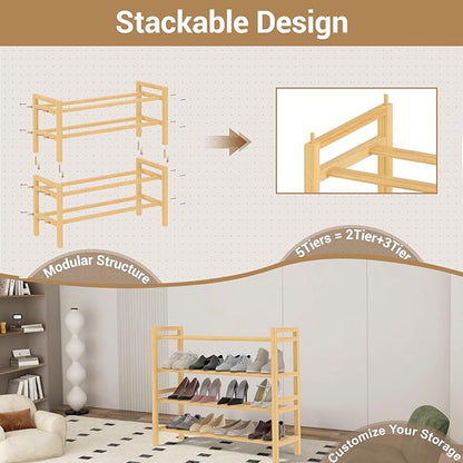 Haddockway Bamboo Shoe Rack for Closet, Free Standing Shoe Organizer with Smooth Round Rods & Convenient Handles, Stackable Shoe Storage Shelf for Entryway, Hallway(Natural, 4-Tier)