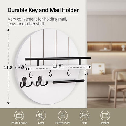Nekon Rustic Wall Mount Key Organizer, 11.8 Inch Rack with Shelf and 6 Hooks, Circular Wooden Key Hanger for Entryway Hallway Kitchen (White)