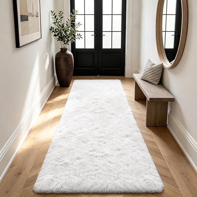 Shag Runner Rug for Bedroom Living Room 3x7 Upgrade Non-Slip Fluffy Soft Bedside Rugs,White Shaggy Carpet for Livingroom Dorm Home Decor Aesthetic