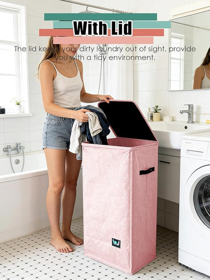 WTREE Laundry Hamper with Lid, Reinforced Sturdy Clothes Hamper with Anti-Puncture Base, Large Collapsible Laundry Basket with Removable Liner Bag, Tall Dirty Clothes Bin for Family, 100L Pink