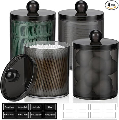 4 Pack Acrylic Qtip Holder Dispenser for Cotton Swabs, Balls, Pads, Floss Picks- Clear Acrylic Canister Apothecary Jar Set, Bathroom Essentials Accessories Decor Vanity Makeup Storage Organizer -Black