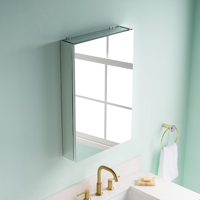 WELLFOR 20" x 30" Bathroom Medicine Cabinet, Anodized Chrome Aluminum Frame, Medicine Cabinet with Adjustable Glass Shelves, Bathroom Cabinet with Reverse Door Installation, Surface or Recessed Mount