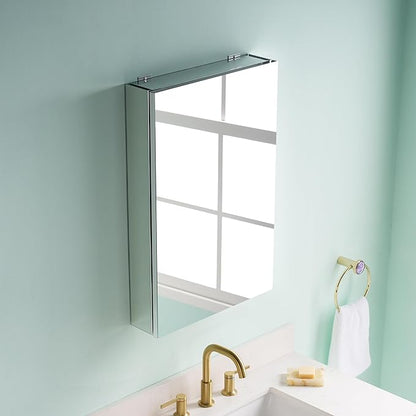 WELLFOR 20" x 30" Bathroom Medicine Cabinet, Anodized Chrome Aluminum Frame, Medicine Cabinet with Adjustable Glass Shelves, Bathroom Cabinet with Reverse Door Installation, Surface or Recessed Mount