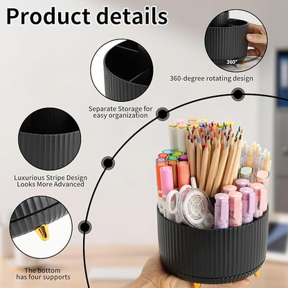 Camelmother Pen Holder For Desk With 5 Slots 360°Rotating Pencil Holder Makeup Organiezr Teacher Supplies Office decor (black)