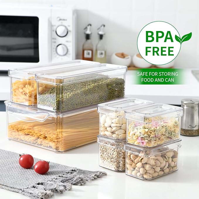 10-Pack Clear Fridge Organizer Containers with Lids, Stackable BPA-Free Refrigerator & Produce Storage Containers with Drain Tray & Anti-Slip Base for Fruits, Veggies & Drinks