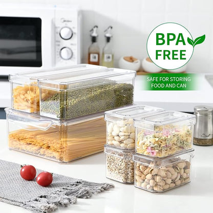 KUMD 10-Pack Clear Fridge Organizer Bins with Lids, Stackable Refrigerator Storage Containers, BPA-Free with Drain Tray & Anti-Slip Base for Fruits, Veggies, Drinks