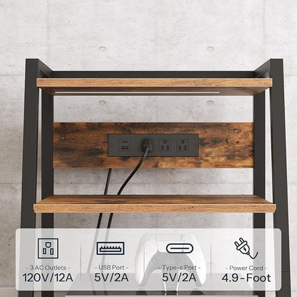 HOOBRO 4-Tier AV Media Stand with Charging Station and LED Light, Wooden Stereo Cabinet, Game Console Stand, Media Audio Rack, Record Player, Entertainment Center, Rustic Brown and Black BF106UDCJ01