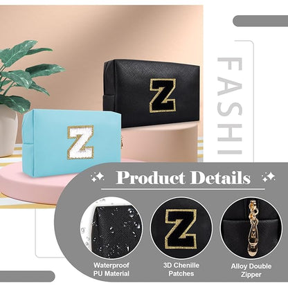 Personalized Initial A-Z Preppy Patch Makeup Bag,Small PU Chenille Letter Cosmetic Bag with Zipper for Teen Girls,Black Cute Toiletry Organizer Bag,Monogram Makeup Case Gift for Women Girls,Letter Z