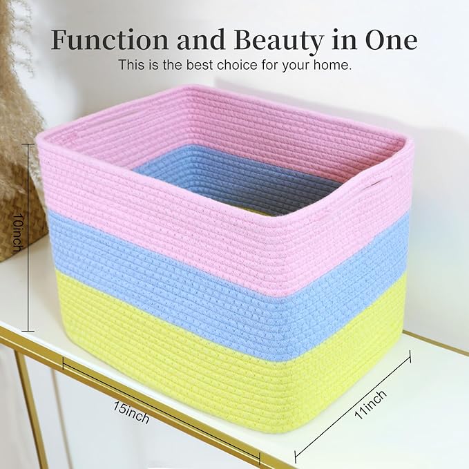 Hopegiver Rainbow Storage Baskets 15x11x9 IN, Colorful Cotton Rope Toy Storage Bins with Handles, Nursery & Kids Playroom Organizer