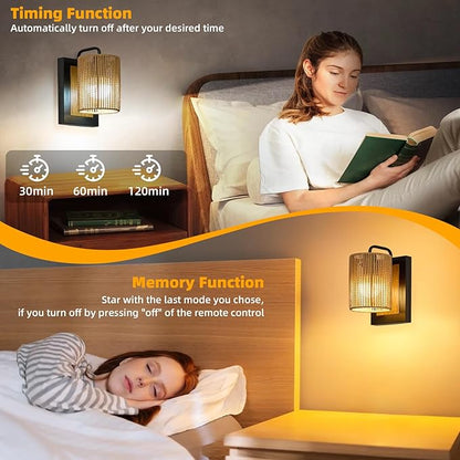 Battery Operated Wall Sconces Set of 2, Wireless Boho Rattan Wall Lights with Dimmable Bulbs, Remote & 12-Color RGB, Rechargeable Lamps for Bedroom, Living Room, Hallway Indoor Lighting