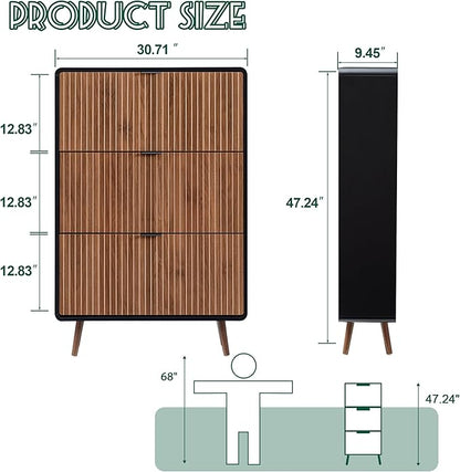 47" Fluted Shoe Cabinet with 3 Flip Drawers, Slim Freestanding Hidden Shoe Cabinet Organizer, Narrow Shoes Storage Rack for Entryway(Walnut with Black, 3 Drawers)