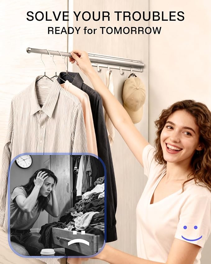 16 inch Valet Rod for Deeper Closet Pull Out, Closet Valet Rod Slide Out Pull Out Clothes Hanger With 6 Hooks Closet Organization and Storage (Black)