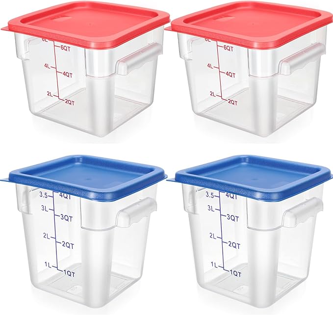 Lallisa 4 Pcs 8 Qt and 4 Qt Clear Food Storage Containers with Lids, Handles and Scales, Commercial Grade Square Containers Polycarbonate Air Tight for Home Storage Kitchen Restaurant(Red, Blue)