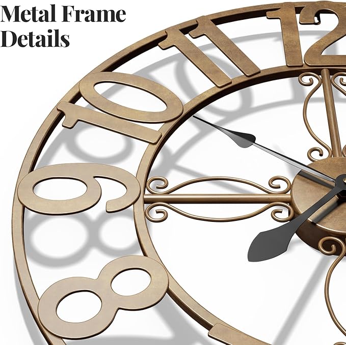 Cuspin Wall Clock, 16 Inch Bronze Metal Wall Clock Silent Non-Ticking Battery Operated, Large Round Retro Arabic Numerals Analog Decorative Clocks for Living Room Kitchen Mantel Office