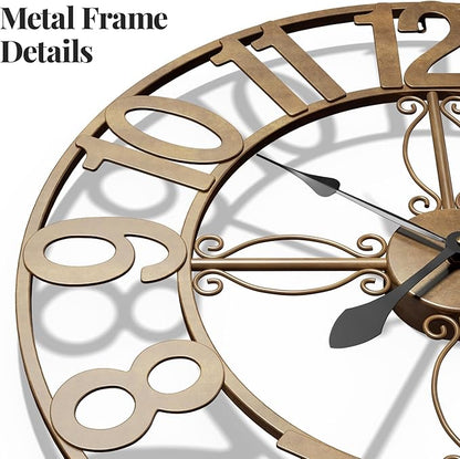 20 inch Large Wall Clock, Modern Decorative Wall Clocks for Living Room Decor, Metal Round Clock Battery-Operated Silent Non Ticking Retro Rustic Arabic Numerals Analog, Bronze