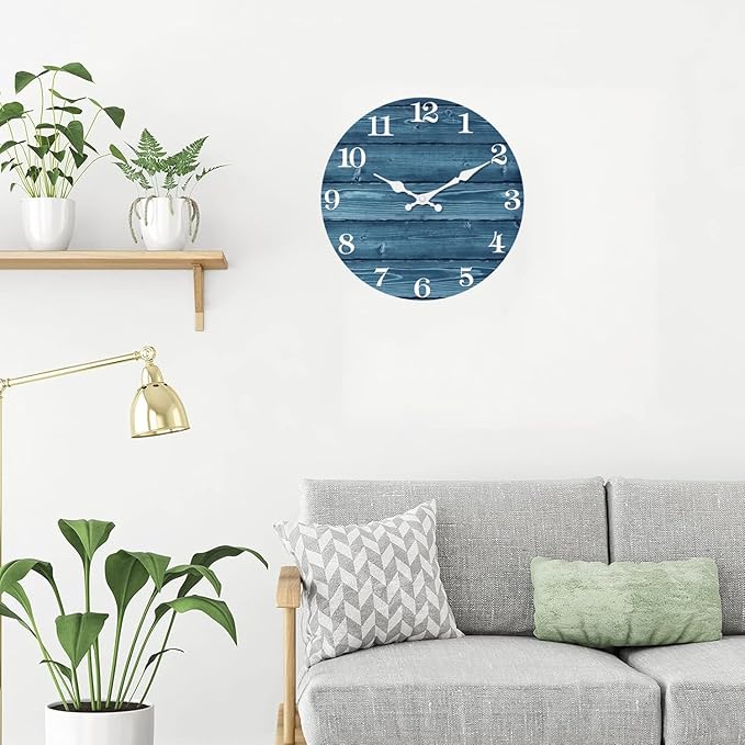XFM Blue Wall Clock Battery Operated 10 Inch Silent Wood Wall Clocks Country Retro Farmhouse Wall Clock Decorative for Kitchen Living Room Bedroom