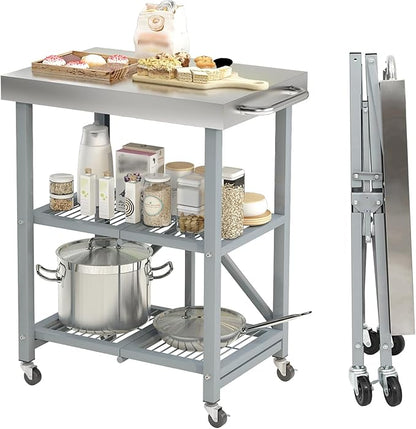 Hymula 3-Tier Stainless Steel Rolling Utility Cart, 300 LBS Capacity Heavy Duty Foldable Service Cart with Wheels for Kitchen, Garage, Restaurant, Warehouse & Outdoor Use