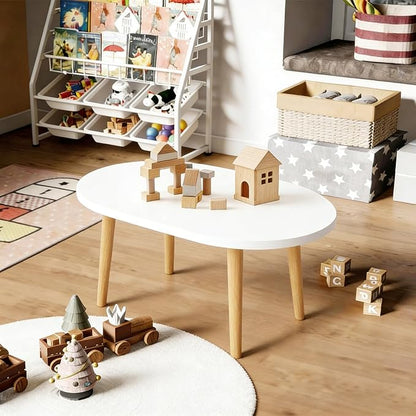 Oval Coffee Table Low Table with 4 Solid Wood Sturdy Legs,Floor Table Desk for Sitting on The Floor,19.7"D x 31.5"W x 16"H Inches,Living Room/Toy room Furniture,Rental house Furniture(White-Oval)