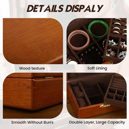 Solid Walnut Wood Jewelry Box with Lock,2 Layer Velvet Wood Jewelry Organizer Storage Lined for Earrings Rings Necklaces Bracelets Cufflink Gift Idea for Men Women, Beige