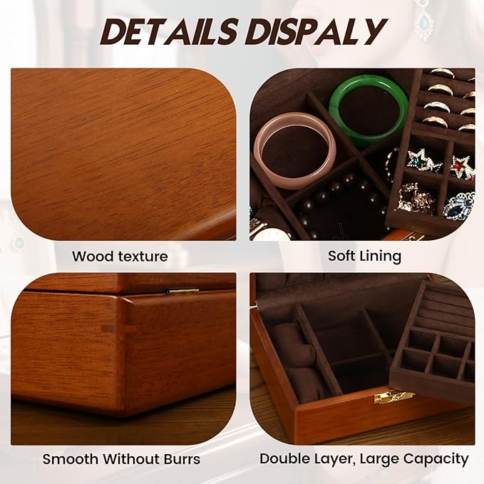 Solid Walnut Wood Jewelry Box with Lock, 2-Layer Vintage Jewelry Organizer for Men Women, Velvet-Lined Storage Chest with Key Lock (Brown)