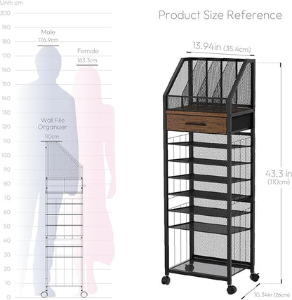 SWTYMIKI 9-Tier Rolling File Cart - Paper Organizer with Drawer and Trays, Wood Desk Office Organizer, Office Organization and Binder Storage for Workspace, Home, School, Espresso