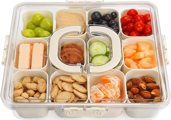 shopwithgreen Divided Serving Tray with Lid and Handle, Portable Snack Box, 12 Compartments Veggie Fruit Tray, Charcuterie Platter Snackle Box Container for Party, Snacks, Picnic, LARGER SIZE
